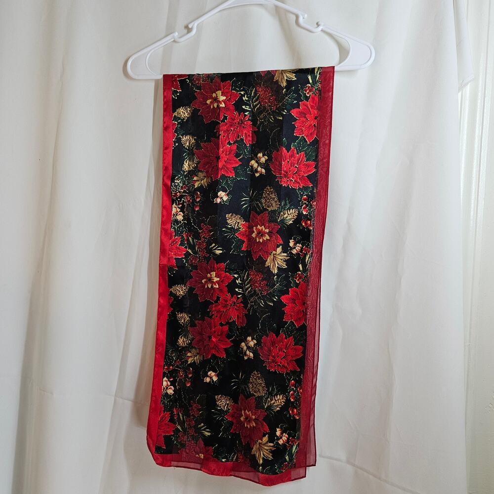 Silky Holiday Scarf Black and Red Poinsettia and Pinecone Pattern